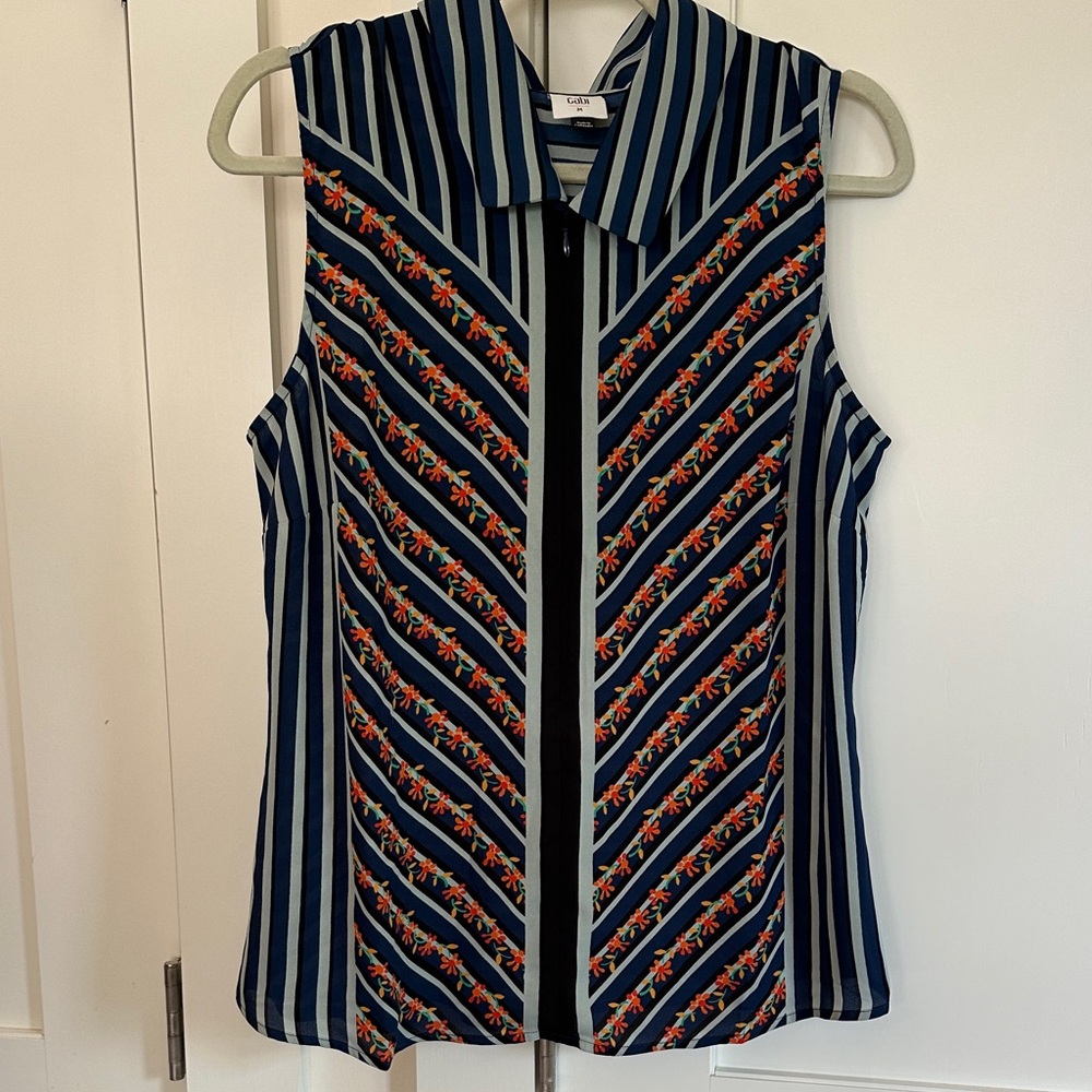CAbi Navy and Orange Striped Floral Blouse